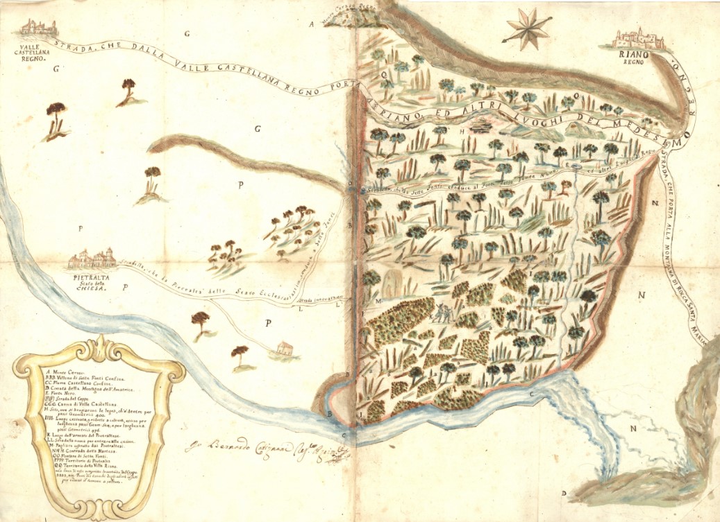 Pianta redatta dall'agrimensore Bernardo Catignani [1783-1784?] per la controversia sul confine tra Pietralta, allora appartenente allo Stato Pontificio, e Rocca S. Maria nel Regno di Napoli.